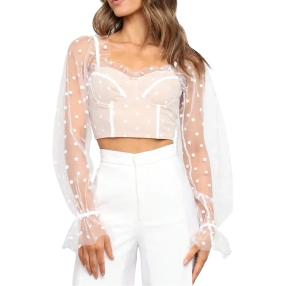 Hello Molly Mesh Dot Long Sleeve Crop Top Bustier Corset In Nude Size US 8 - Picture 1 of 9